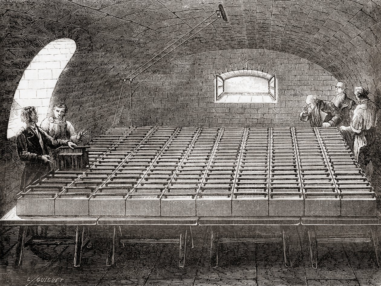 البطارية الكهربائية للمؤسسة الملكية ، من Les Merveilles de la Science ، حانة .1870. بواسطة المدرسة الفرنسية
