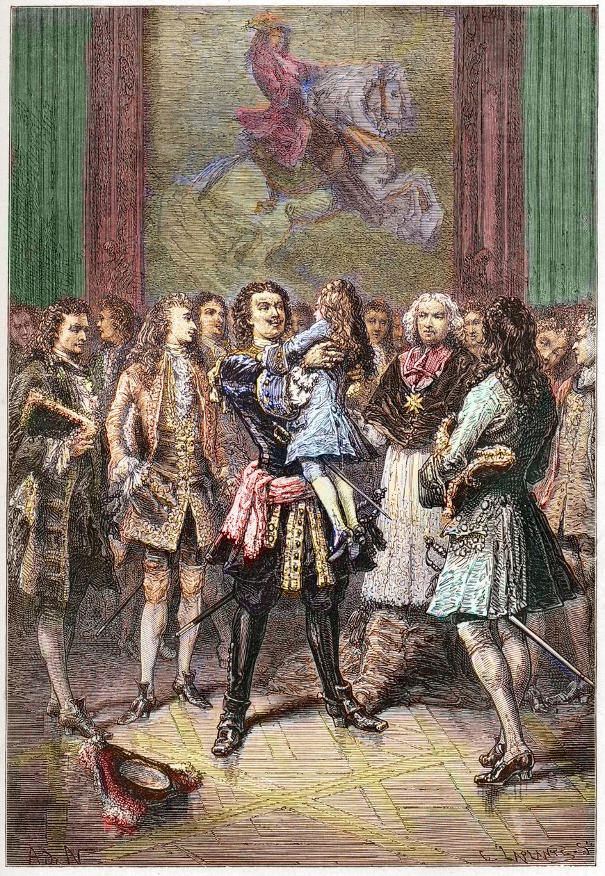 القيصر الروسي بيتر الأول (1672-1725) يحمل الملك لويس الخامس عشر بين ذراعيه في فرساي عام 1717 - بيتر الأول (1672-1725) قيصر روسيا بواسطة المدرسة الفرنسية