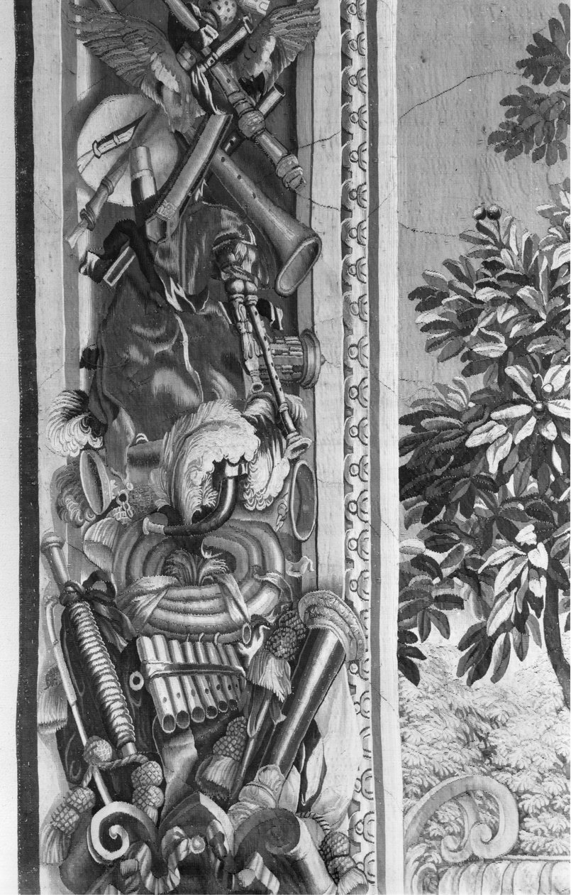 نسيج الفصول ، الحدود ، الآلات الموسيقية ، ج .1670 ، مصنع جوبيلينز (التفاصيل) بواسطة المدرسة الفرنسية