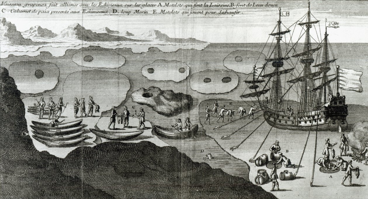 تحالف صناعة السفن مع الإسكيموس ، من "Histoire de l&39;Amerique Septentrionale" بقلم باكفيل دي لا بوثري (1663-1736) ، نُشر عام 1753 بواسطة المدرسة الفرنسية