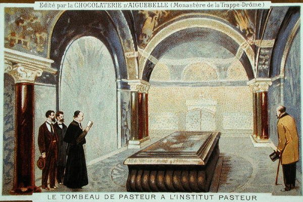قبر لويس باستور (1822-95) في l'Institut Pasteur ، باريس ، بطاقة إعلانية لـ Chocolaterie d'Aiguebelle (chromolitho) بواسطة المدرسة الفرنسية