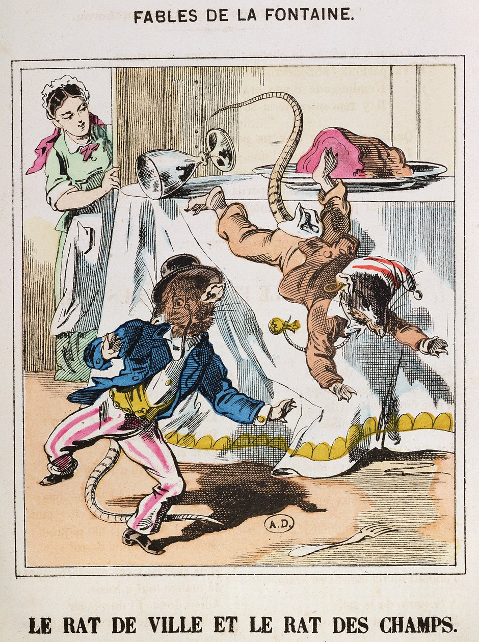 فأر المدينة وفأر الريف ، من "Fables de La Fontaine" (نقش ملون) بواسطة المدرسة الفرنسية