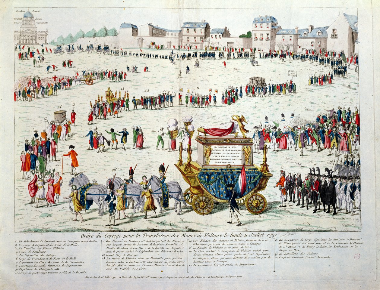 ترجمة رفات فولتير البشرية (1694-1778) إلى بانثيون باريس في 10 يوليو 1791 (مرحاض على الورق) بواسطة المدرسة الفرنسية