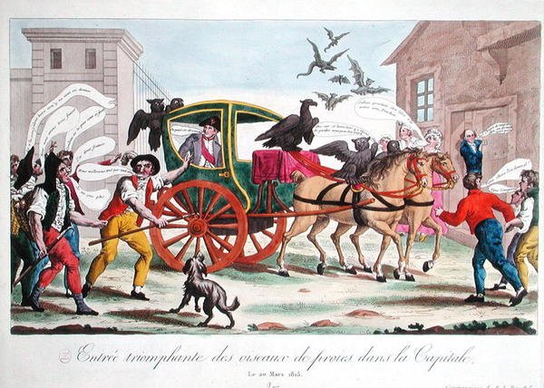 الدخول المنتصر للطيور الجارحة إلى العاصمة ، رسم كاريكاتوري لعودة نابليون (1769-1821) إلى باريس ، 20 مارس 1815 (نقش ملون) بواسطة المدرسة الفرنسية