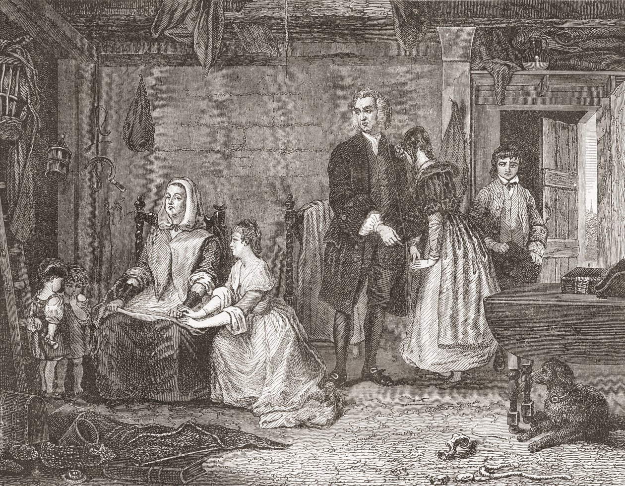 نائب ويكفيلد يصالح زوجته مع أوليفيا، بعد اللوحة التي رسمها جيلبرت ستيوارت نيوتن. من Histoire des Peintres، المدرسة الإنجليزية، نُشرت عام 1867 (ليثو) بواسطة المدرسة الفرنسية