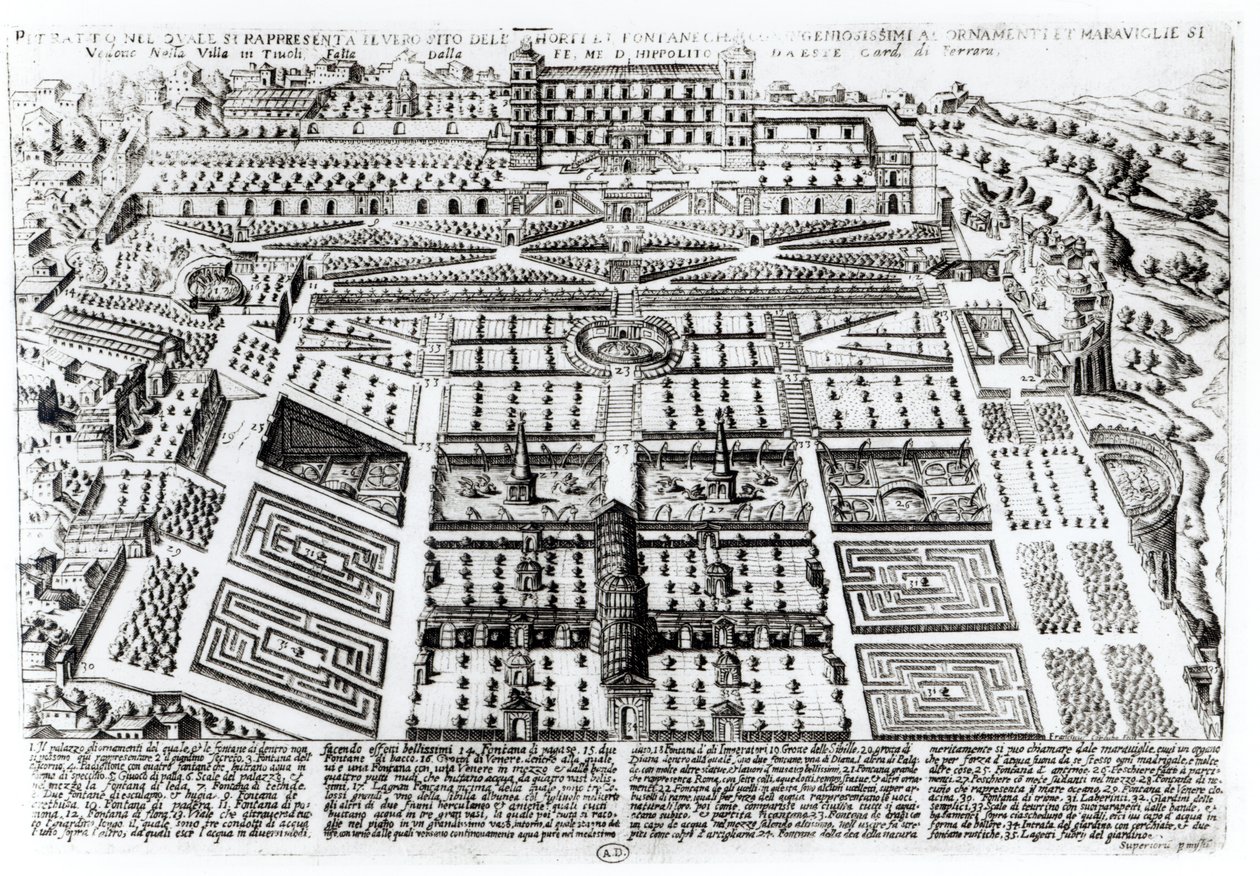 قصر وحدائق فيلا ديستي ، تيفولي ، إيطاليا ، c.1600 بواسطة المدرسة الفرنسية
