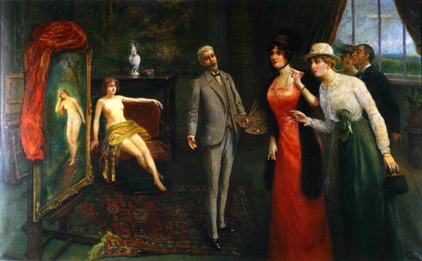 زيارة استديو الفنان حوالي عام 1910 (زيت على قماش) بواسطة المدرسة الفرنسية