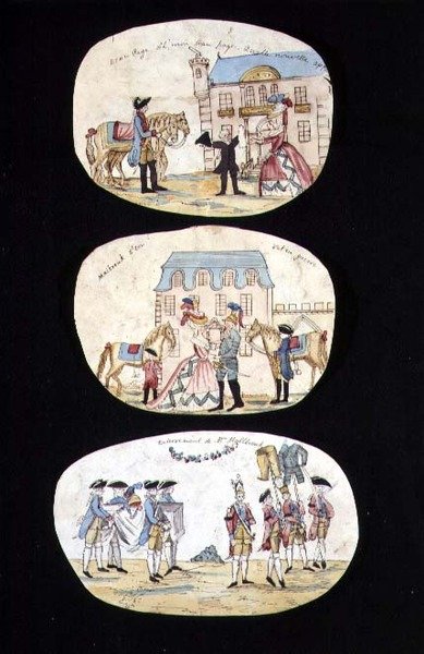 "The Wonderful New Boy Boy" و "Marlborough Going off to War" و "Marlborough's Funeral Propession" ، ثلاثة رسوم توضيحية تصور حياة جون تشرشل مارلبورو (1650-1722) منتصف القرن الثامن عشر (قلم حبر وألوان مائية على ورق) بواسطة المدرسة الفرنسية