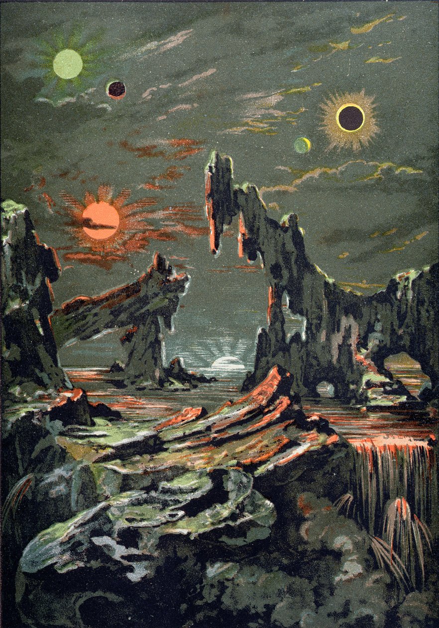 عالم أربعة أقمار وأربع شموس ، توضيح من LAstronomie Populaire كتبها Camille Flammarion (1842-1925) 1881 بواسطة المدرسة الفرنسية