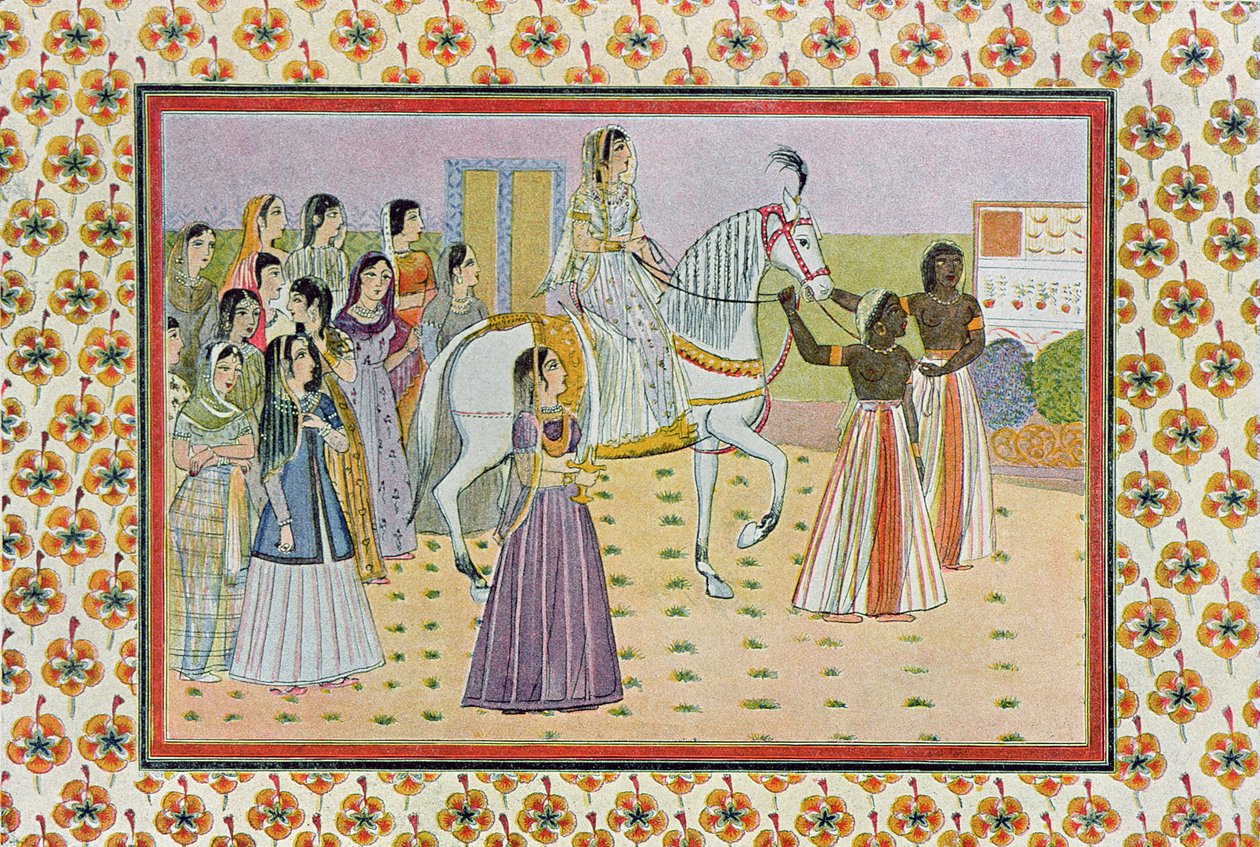 الفتاة ذات وجه يشبه القمر يركب حصانًا أبيض ، رسم توضيحي من الليالي العربية ، 1895 (نقش ملون) بواسطة المدرسة الفرنسية