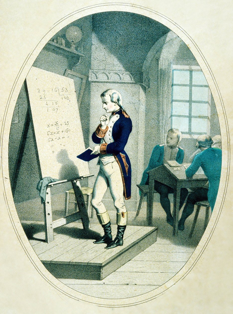نابليون الشاب ، في الأكاديمية العسكرية في برين ، فرنسا ، 1779 (نقش ملون) بواسطة المدرسة الفرنسية