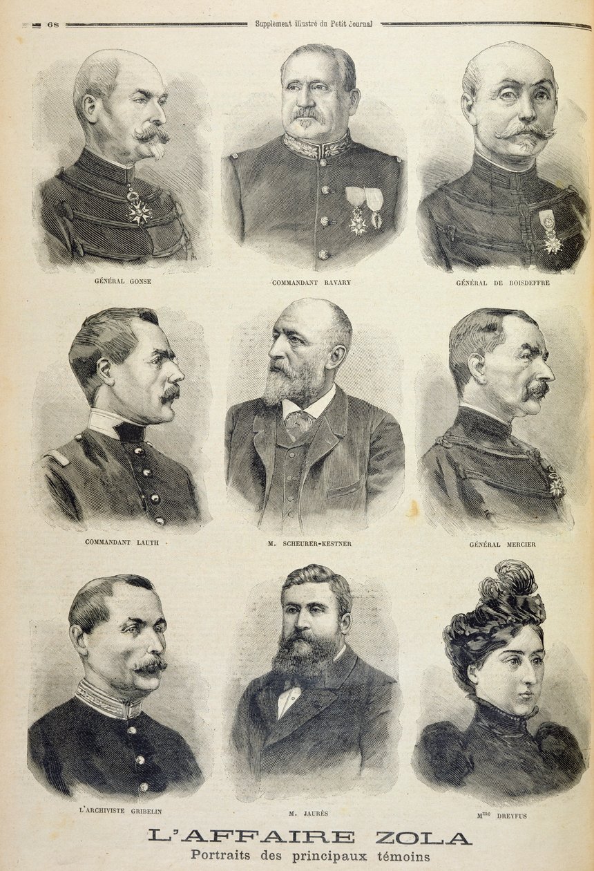 قضية زولا: صور الشهود الرئيسيين ، توضيح من الملحق المصور لـ Le Petit Journal ، 27 فبراير 1898 (ليثو) بواسطة المدرسة الفرنسية