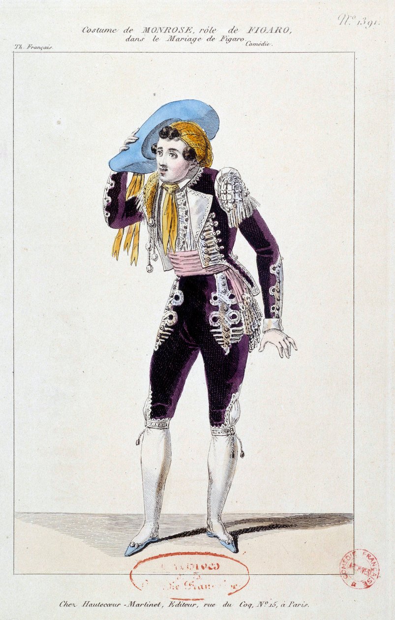 الممثل كلود لويس سيرافين باريزين (أو Barisain) dit Monrose (1783-1843) في دور Figaro in Le mariage de Figaro "" بقلم بيير أوغستين كارون دي بومارشيه (1732-1799) 1784 باريس ، كوميديا ​​فرنسية بواسطة المدرسة الفرنسية