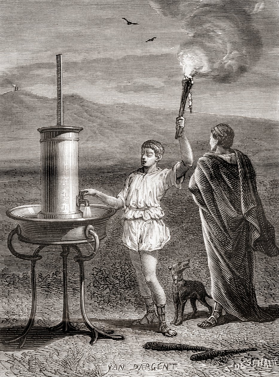 The ancient Greek hydraulic semaphore system being used by Aeneas to send a message, 4th century BC, from Les Merveilles de la Science, published c.1870 (engraving) بواسطة المدرسة الفرنسية