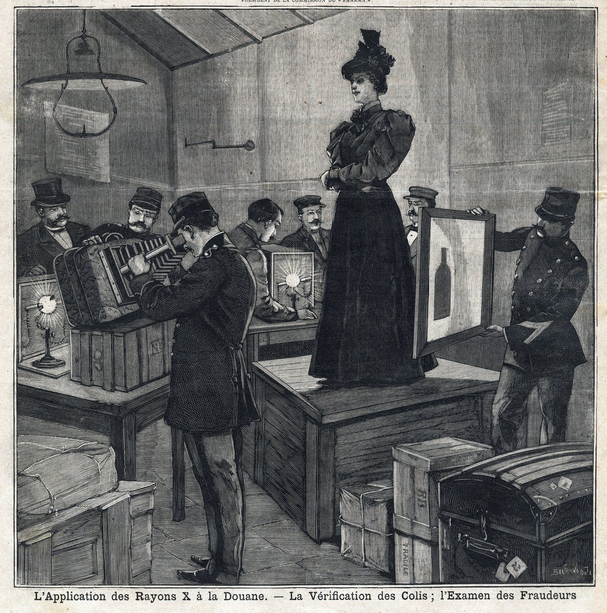 تطبيق الأشعة السينية (X-rays) له جمارك: التحقق من الطرود وفحص المحتالين. في "" Le Peute Parisien "في 11/07/1897. مجموعة خاصة بواسطة المدرسة الفرنسية