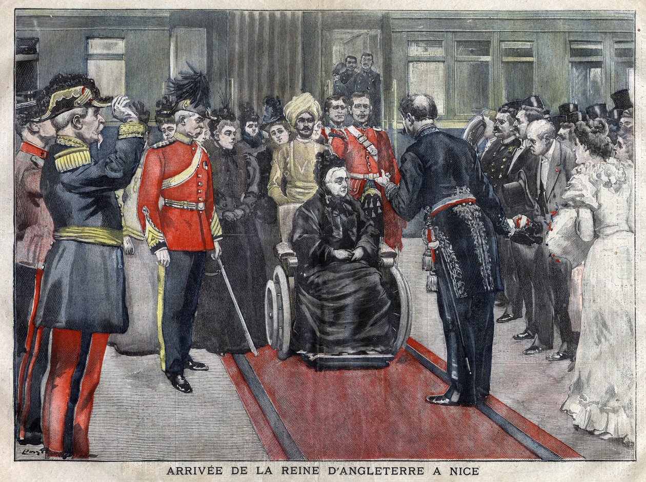 وصول فيكتوريا ملكة إنجلترا (1837-1901) إلى نيس عام 1899. نقش عام 1899 في "" La petite Gironde " بواسطة المدرسة الفرنسية