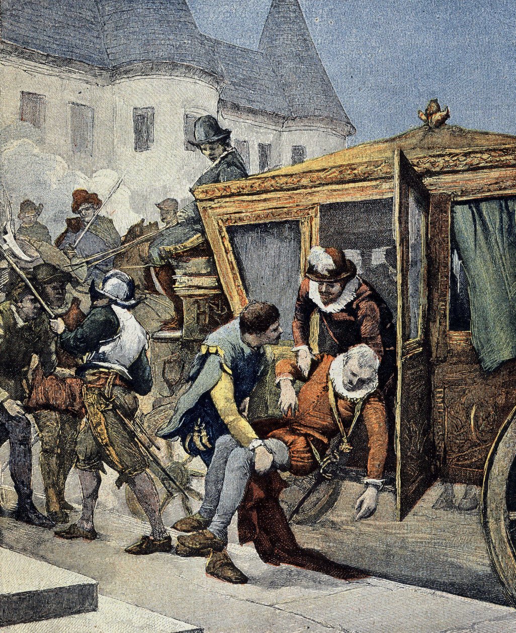 اغتيال هنري الرابع في 14/05/1610. غلاف "Le Petit Francais Illustré" بتاريخ 12/05/1900. بواسطة المدرسة الفرنسية