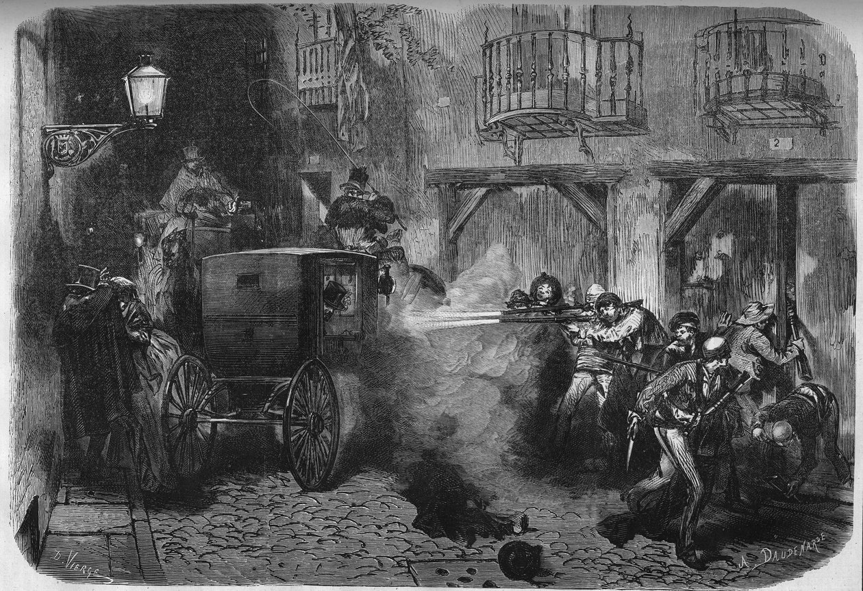 اغتيال خوان بريم واي براتس (1814-1870) ، الجنرال والسياسي الإسباني ، عند خروجه من كورتيس ، في شارع ديل توركو في مدريد في 28 ديسمبر 1870. نقش في "" Le Monde Illustré "" رقم 724 من 25 فبراير 1871. بواسطة المدرسة الفرنسية