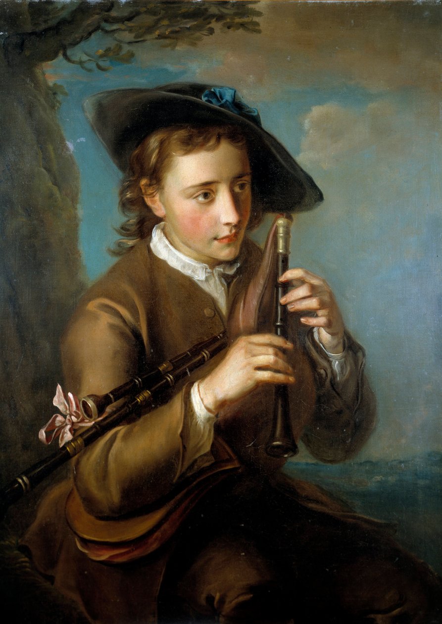 The bagpipe player Painting of the French School. 18th century بواسطة المدرسة الفرنسية