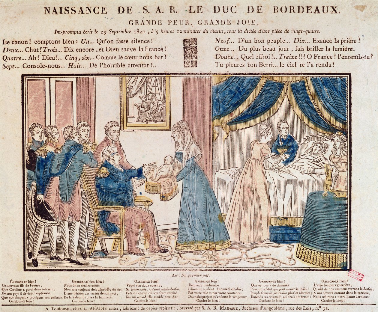 ولادة هنري تشارلز فرديناند ماري ديودون من فرنسا ، دوق بوردو ، كومت دي شامبورد في 29 سبتمبر 1820 (نقش الخشب الملون) بواسطة المدرسة الفرنسية
