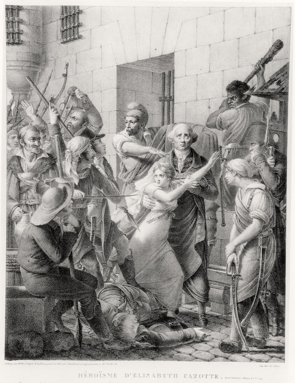 The bravery of Elisabeth Cazotte protecting her father from the mob (engraving) بواسطة المدرسة الفرنسية