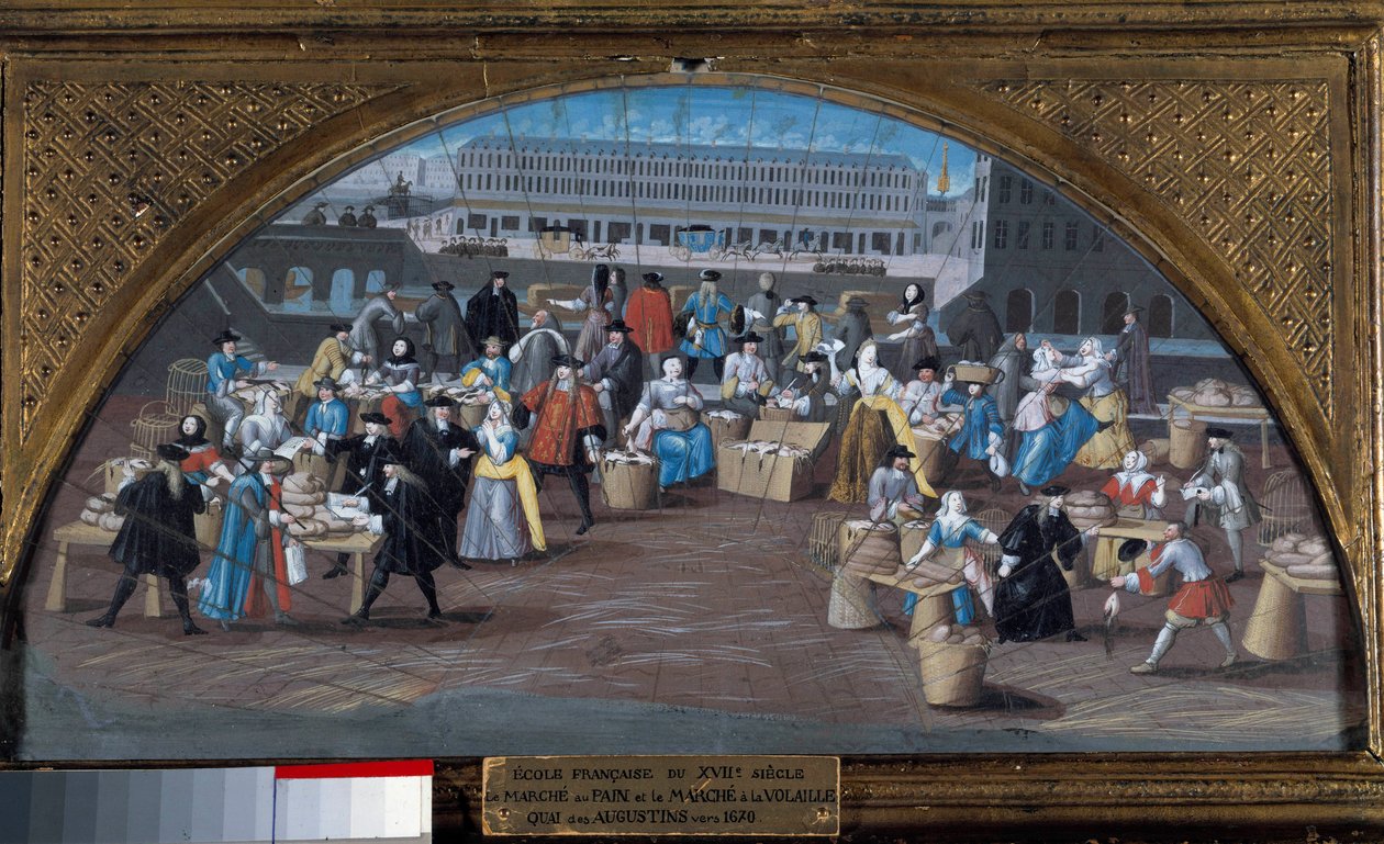 مسيرة الخبز ومسيرة الدواجن في Quai des Augustins حوالي عام 1670. لوحة للمدرسة الفرنسية في القرن السابع عشر. باريس ، متحف كارنافالي بواسطة المدرسة الفرنسية