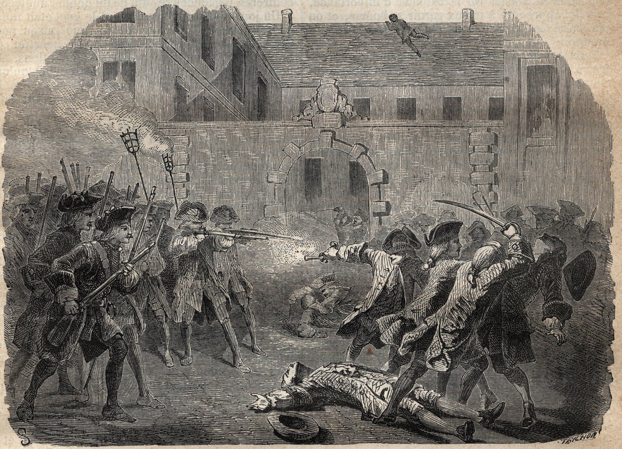 اللصوص لويس دومينيك جارتهاوزن ديت كارتريدج (1693-1721) ورفاقه الذين ذهبوا إلى فندق ديسماريتز في باريس ، فوجئوا وهاجموا من قبل الرماة بعد معركة شرسة ، فروا عبر الأسطح - اللصوص الفرنسي لويس دوميني بواسطة المدرسة الفرنسية