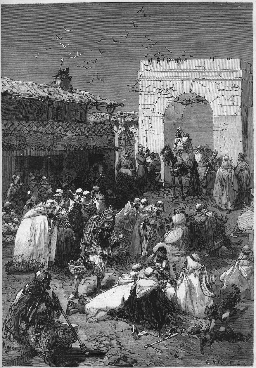 تجلب القواديس والجيمات من دائرة صيدا بالجزائر إلى المكتب العربي هداياهم التي تهدف إلى استرداد الإدارات الفرنسية التي احتلتها ألمانيا منذ نهاية حرب 1870. نقش في "" Le Monde Illustré "" رقم 784 من 20 أبريل 1872. بواسطة المدرسة الفرنسية