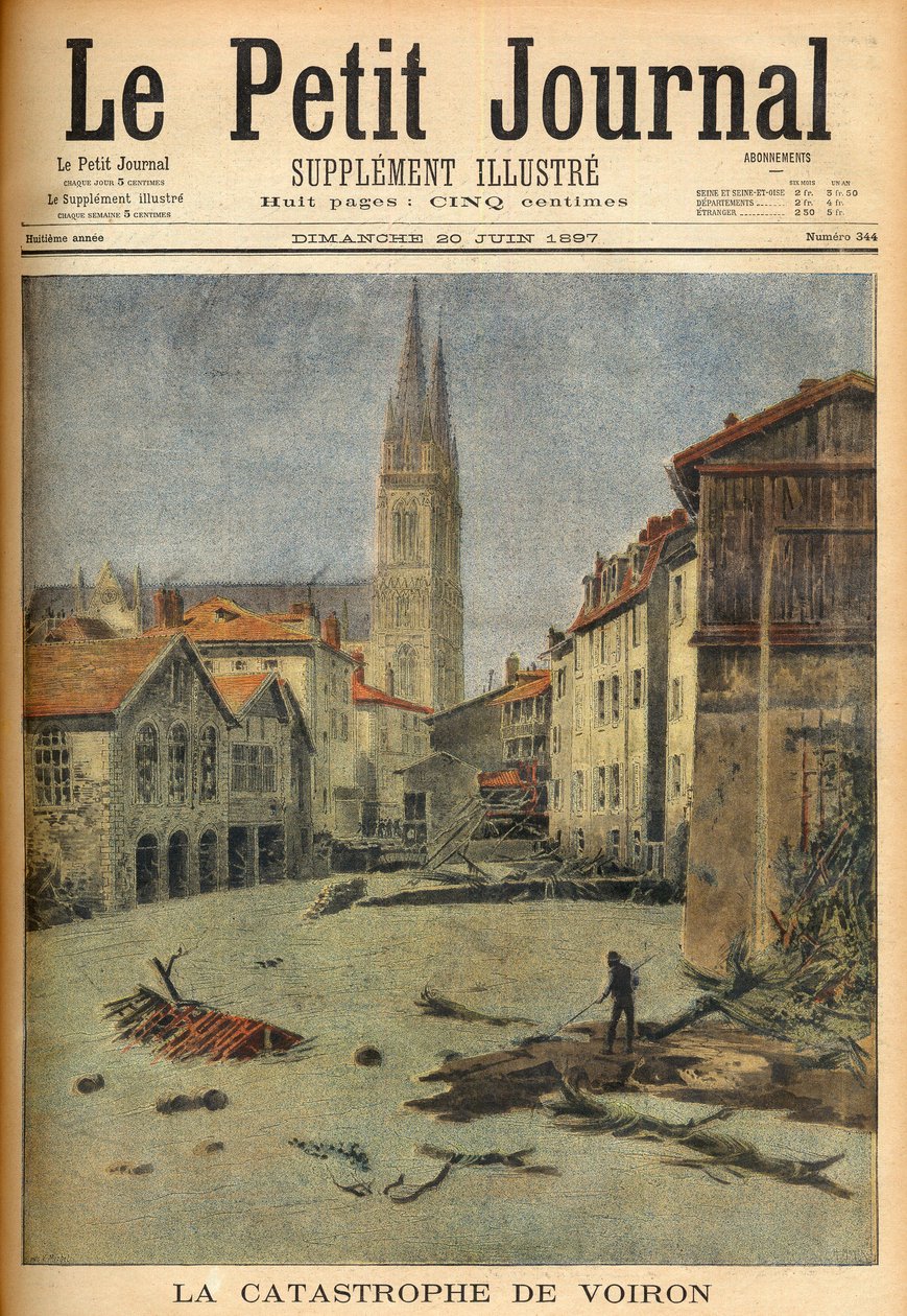 كارثة (فيضان) قرية Voiron (Isère) بفرنسا في "Le Petit Journal" ، 20 يونيو 1897 (نقش) بواسطة المدرسة الفرنسية