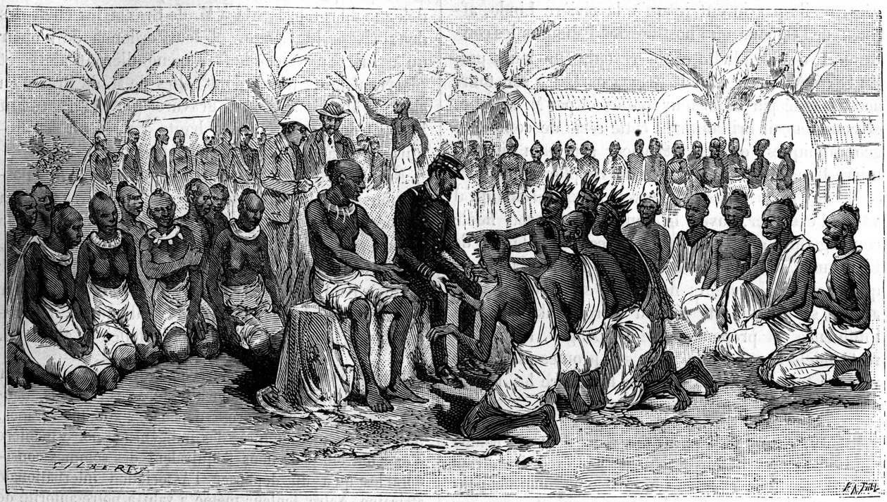 رؤساء شواطئ الكونغو يضعون أيديهم في أيدي المستكشف بيير سافورجنان دي برازا (1852-1905) ، في إشارة إلى التخلي عن أراضيهم. نقش في "" La Nature. Revue des sciences et de ses applications aux Arts et a l'industrie " بواسطة المدرسة الفرنسية
