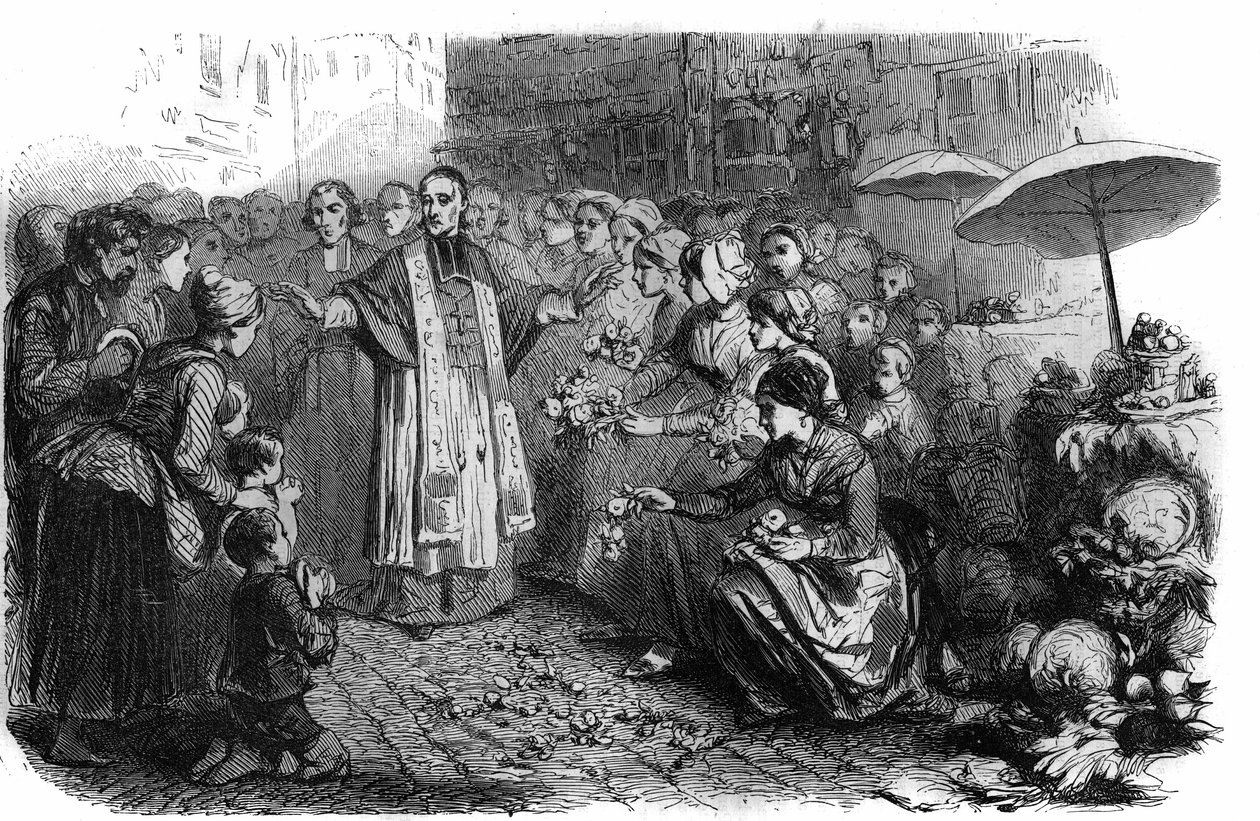 الكوليرا في روما: أمر البابا غريغوار السادس عشر (1765-1846) بالمواكب والقرارات والبركات لوقف زحف الكوليرا. نقش في "Histoire des Papes-Rois-Queen and Empereurs a travers les years" بقلم موريس لاشاتر بواسطة المدرسة الفرنسية