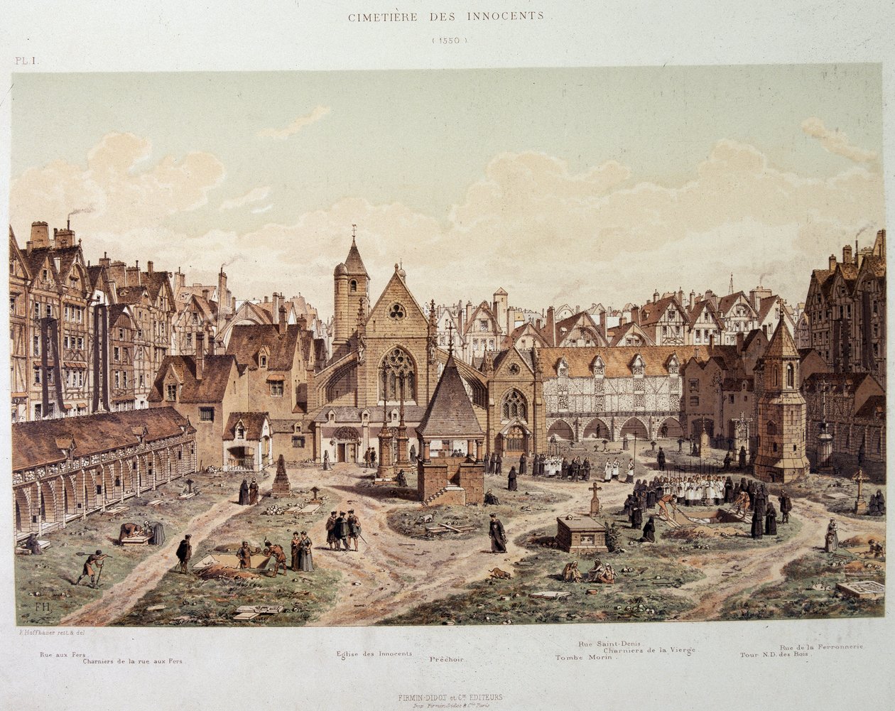 The church and cemetery of the Innocents in 1550 - in “Paris a travers les ages””, late 19th century. بواسطة المدرسة الفرنسية