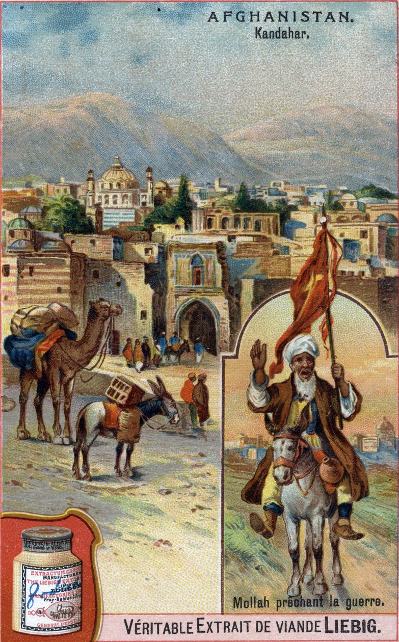 مدينة قندهار في أفغانستان مع الملا يدعو الحرب. الإعلان عن الطباعة الحجرية الملونة للقرن التاسع عشر. بواسطة المدرسة الفرنسية