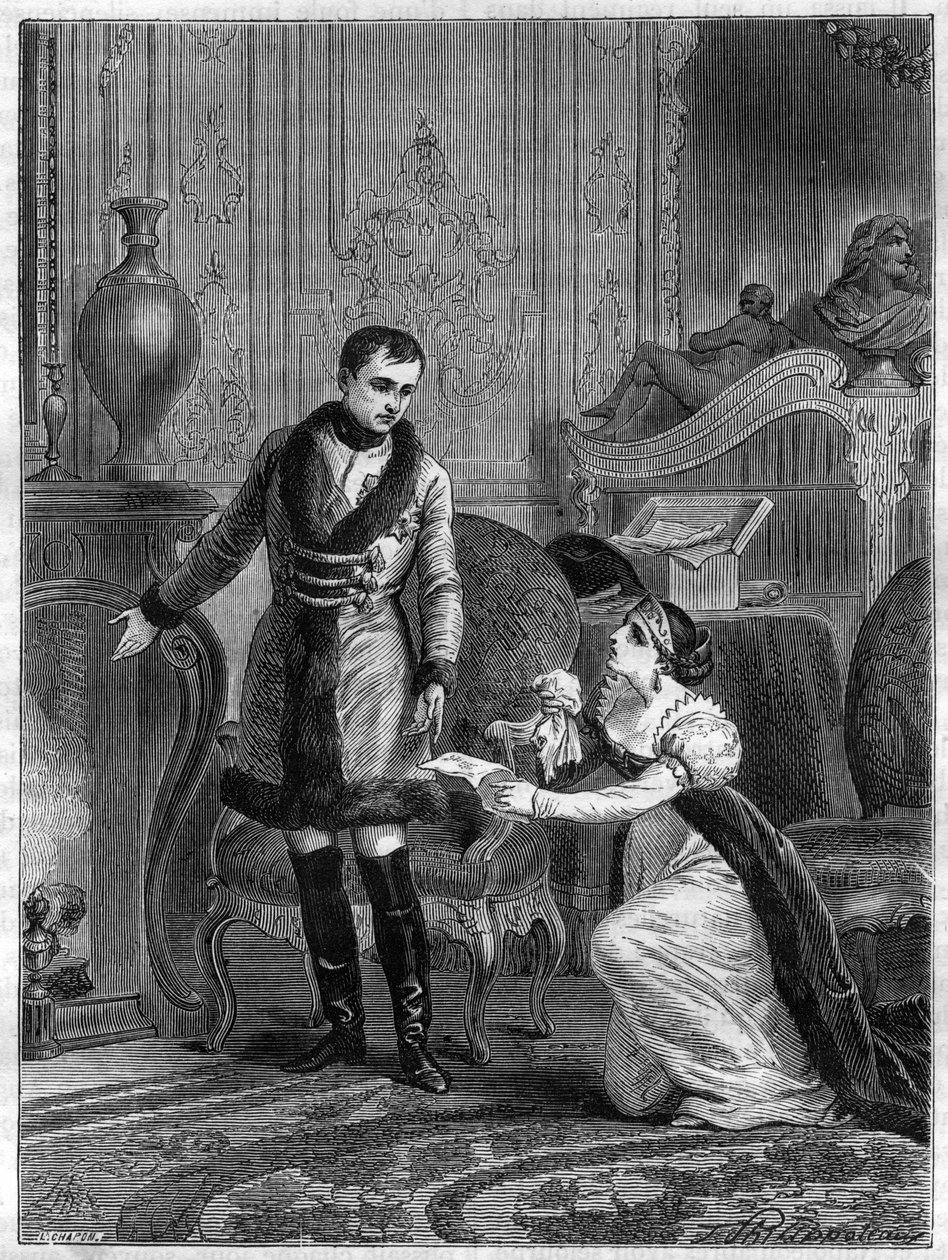 رحمة الإمبراطور نابليون الأول (1769-1821) لأميرة هاتزفيلد التي جاءت لتطلب العفو عن زوجها الأمير هاتزفيلد المتهم بالخيانة في 28 أكتوبر 1806 - عفو الإمبراطور نابليون الأول (1769-1821) تجاه أميرة حتسفل بواسطة المدرسة الفرنسية