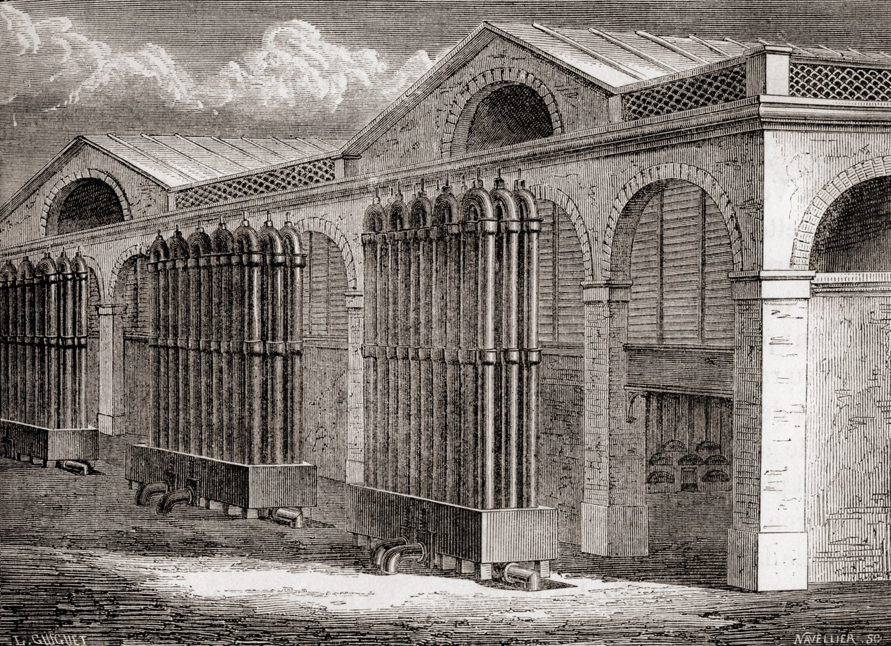 مصنع مكثف غاز الفحم في La Villette ، باريس ، فرنسا في القرن التاسع عشر ، من "Les Merveilles de la Science" ، نُشر عام 1870 (نقش) بواسطة المدرسة الفرنسية