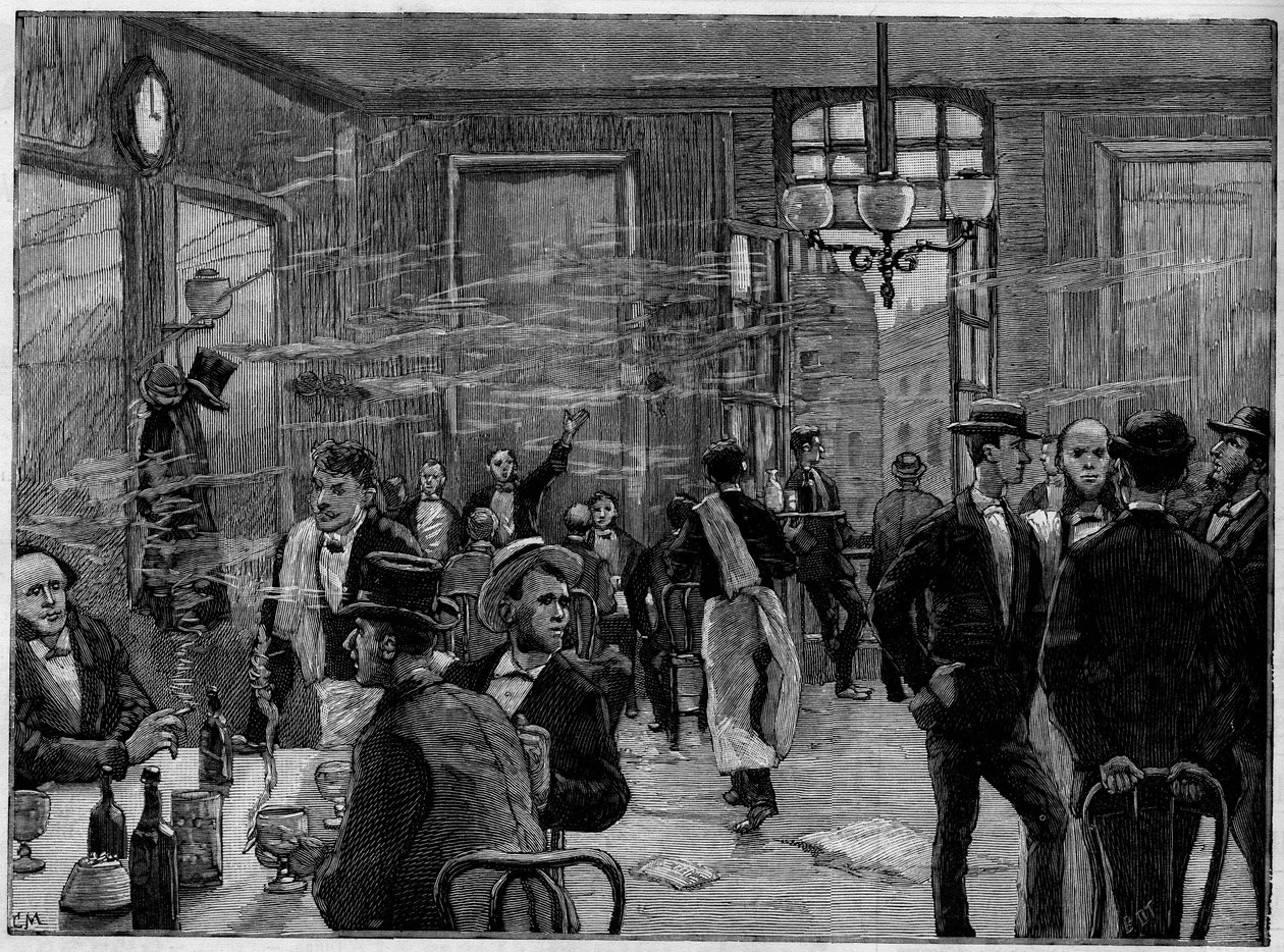 صبية القهوة في مؤسسة في شارع مونمارتر في باريس ، في "" العالم المصور "" 1886. بواسطة المدرسة الفرنسية