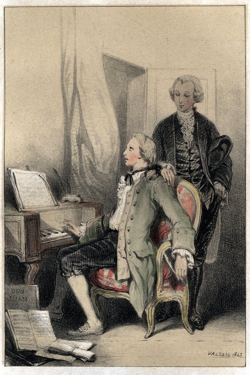 الملحن وولفجانج أماديوس موتسارت (1756-1791) يؤلف القداس. لوحة مأخوذة من نقش "" Scenes de la vie des hommes الشهيرة "" بدرجتين من Valerio. 1843. بواسطة المدرسة الفرنسية