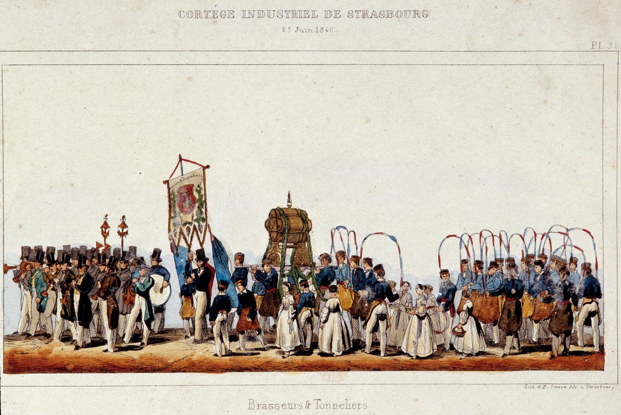 The dance of brewers and coopers during the industrial cortege in Strasbourg on 25/06/1840. Lithograph of Simon بواسطة المدرسة الفرنسية