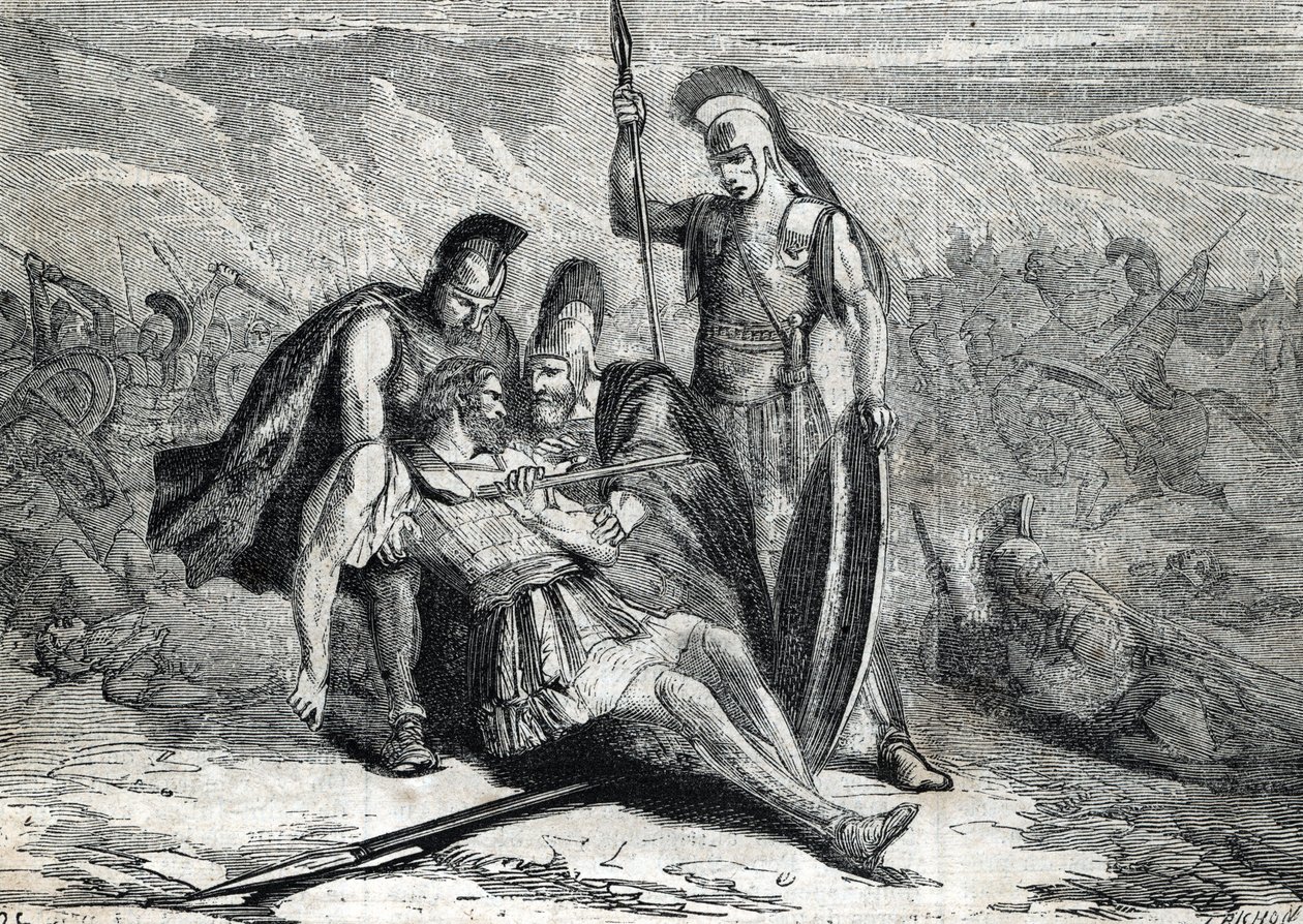 وفاة إيبامينوندا (418-362 قبل الميلاد) - (نقش) 1864 بواسطة المدرسة الفرنسية