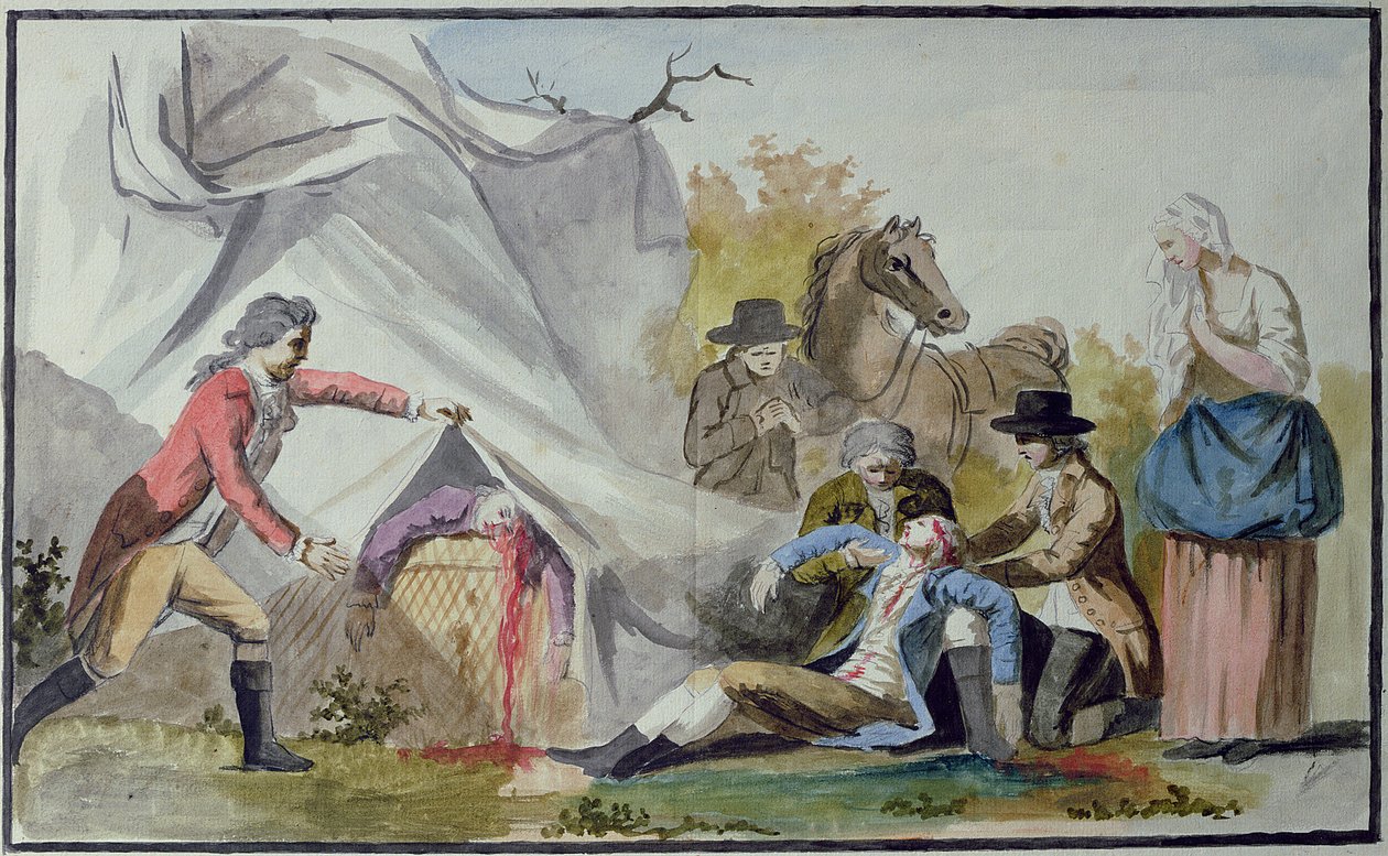 وفاة فرانسوا Pilatre de Rozier (1754-85) بالقرب من بولون في 15 يونيو 1785 بعد محاولته عبور القناة في بالون مونغولفيير بواسطة المدرسة الفرنسية