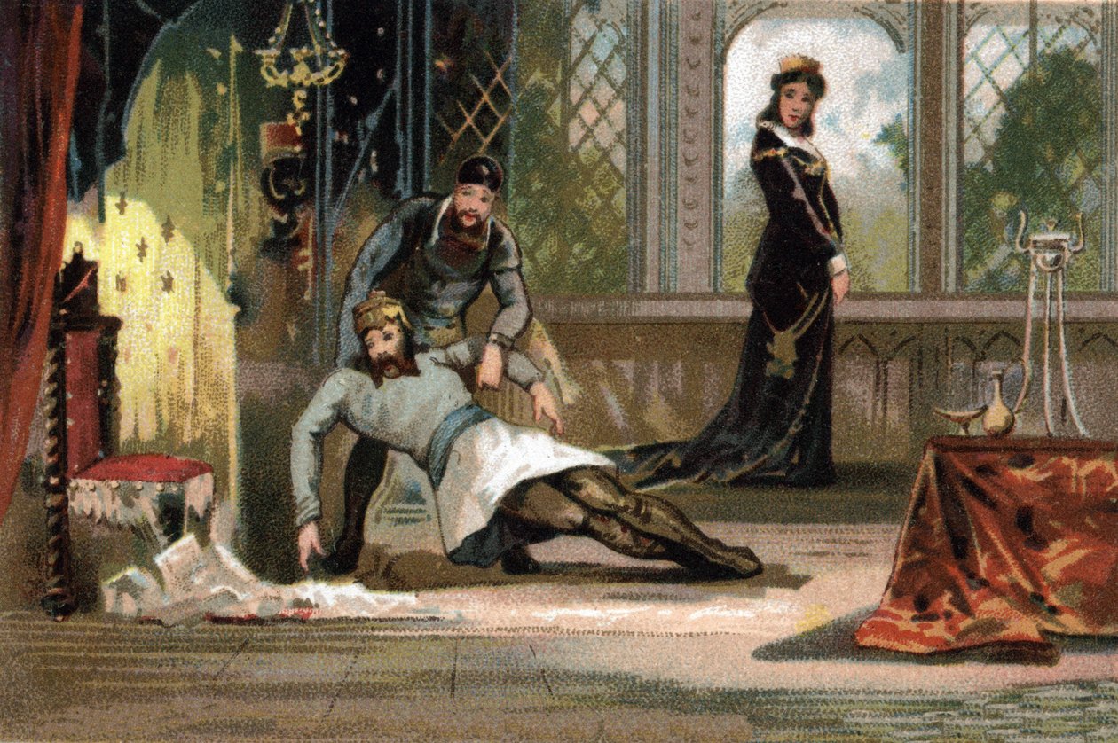 قالت وفاة لويس الخامس إن Faineant (967-987) ، ملك فرنسا من 986 إلى 987. وفقًا للصورة ، تسمم من قبل زوجته أديلايد دانجو. الطباعة الحجرية الملونة حوالي عام 1890. بواسطة المدرسة الفرنسية