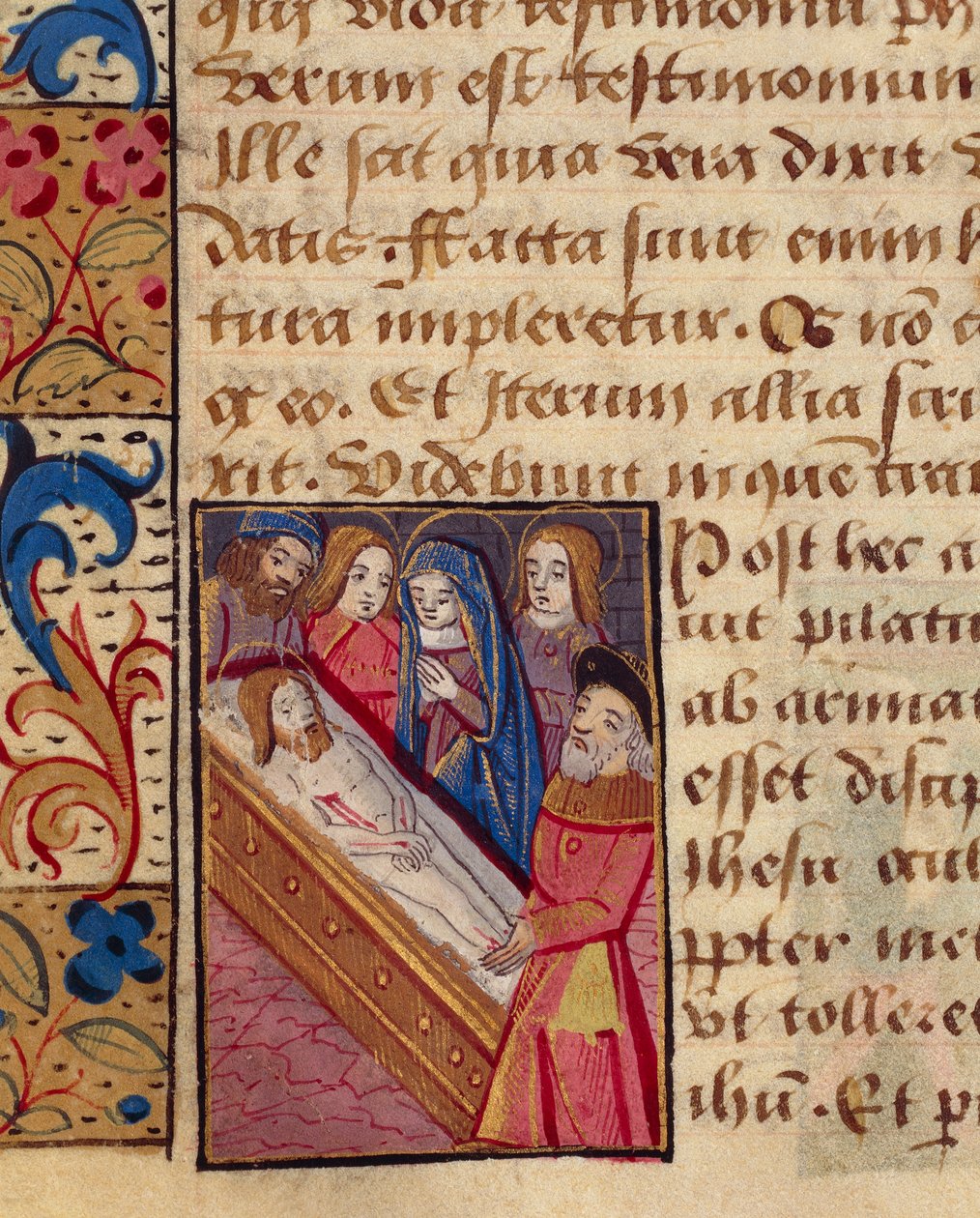 The deposition of Christ in the tomb, miniature from the Book of Hours (Use of Poitiers), Latin and French manuscript illustrated by student of Robinet Testard, manuscript 1097 folio 80 verso, France end of 15th Century. بواسطة المدرسة الفرنسية
