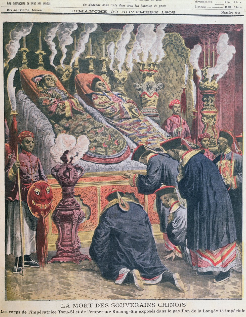 عرض جثث الإمبراطور كوانج سيو (1872-1908) وعمته الإمبراطورة تسيو هاي (1835-1908) في جناح طول العمر الإمبراطوري ، توضيح من لو بيتيت جورنال 1908 (لون ليث بواسطة المدرسة الفرنسية
