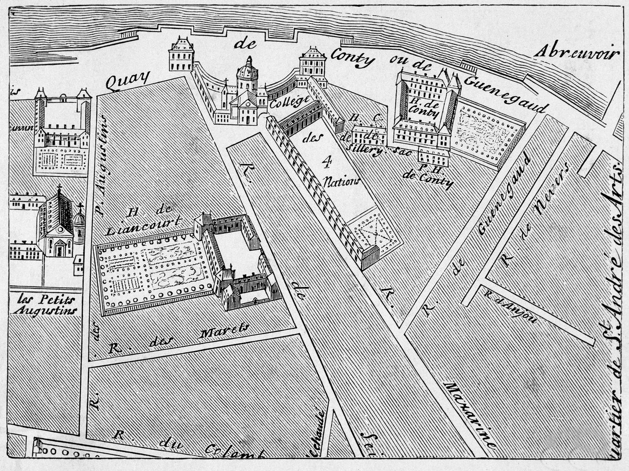 منطقة College des Quatre Nations (Four Nations) وفندق Conti-Fac-Simile في مخطط J. de la Caille بواسطة المدرسة الفرنسية