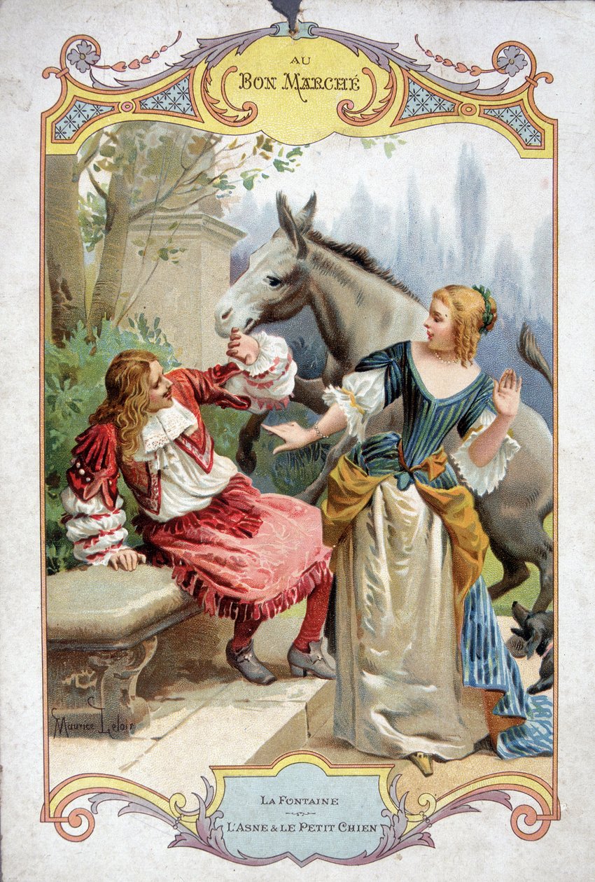 الحمار والكلب الصغير (Fable de La Fontaine) - ملصق إعلان Bon Marché بواسطة المدرسة الفرنسية
