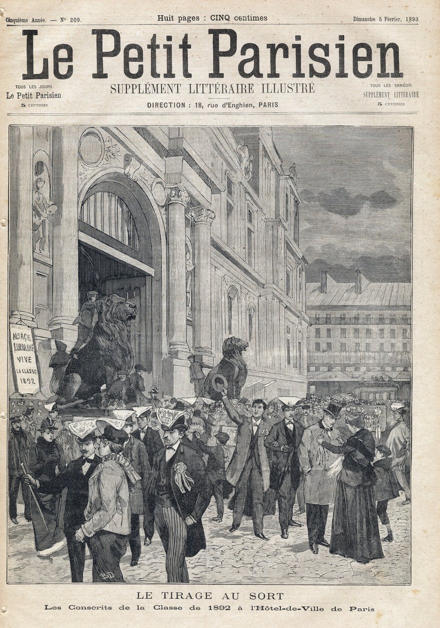 القرعة: مجندو فصل 1892 في قاعة مدينة باريس. احدى جريدة "Le petit Parisien" بتاريخ 5/2/1893 (نقش) بواسطة المدرسة الفرنسية