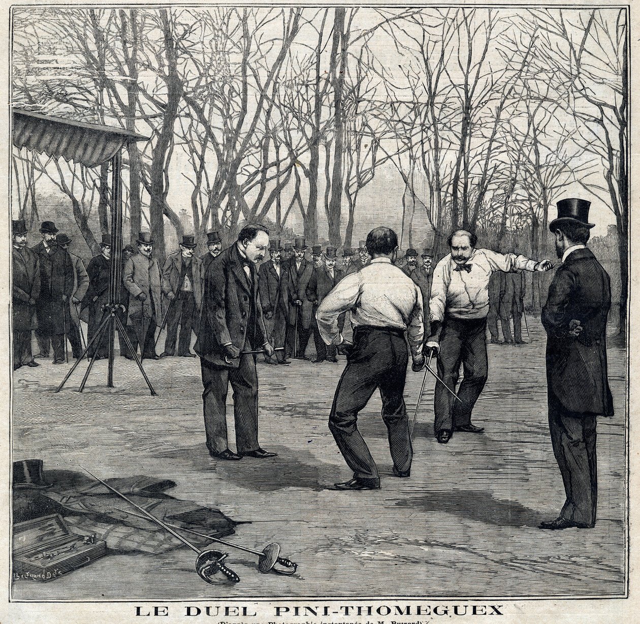 مبارزة سادة السلاح بيني وتوميجيكس في بارك دو سانت أوين (سان أوين). في "" Le Petit Parisien "في 28/03/1897. بواسطة المدرسة الفرنسية
