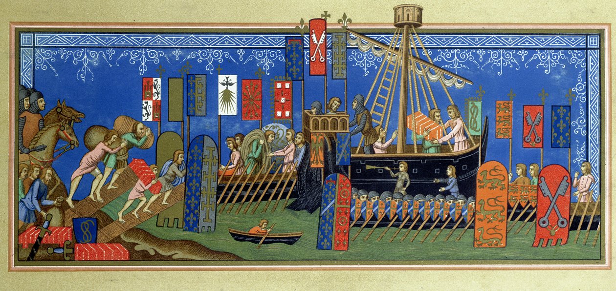 إنطلاق فرسان الروح القدس للحروب الصليبية ، بعد مصغر في مخطوطات Statuts de lordre du Saint-Esprit de Naples في متحف اللوفر ، محفورة بواسطة Felix Regamey (1844-1907) بواسطة المدرسة الفرنسية