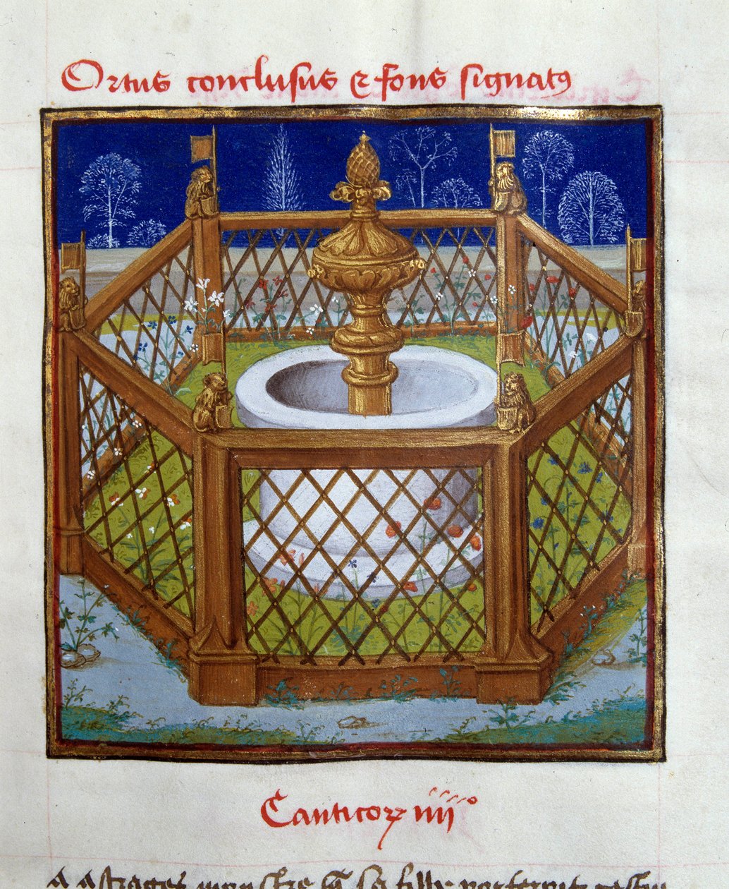 الحديقة المغلقة ونافورة الختم المصغرة من Master of Dreux-Bude (Dreux Bude) (Andre d'Ypres) (1428-1450) من "Speculum humanae salvationis" (مرآة الخلاص). شانتيلي ، متحف كوندي بواسطة المدرسة الفرنسية