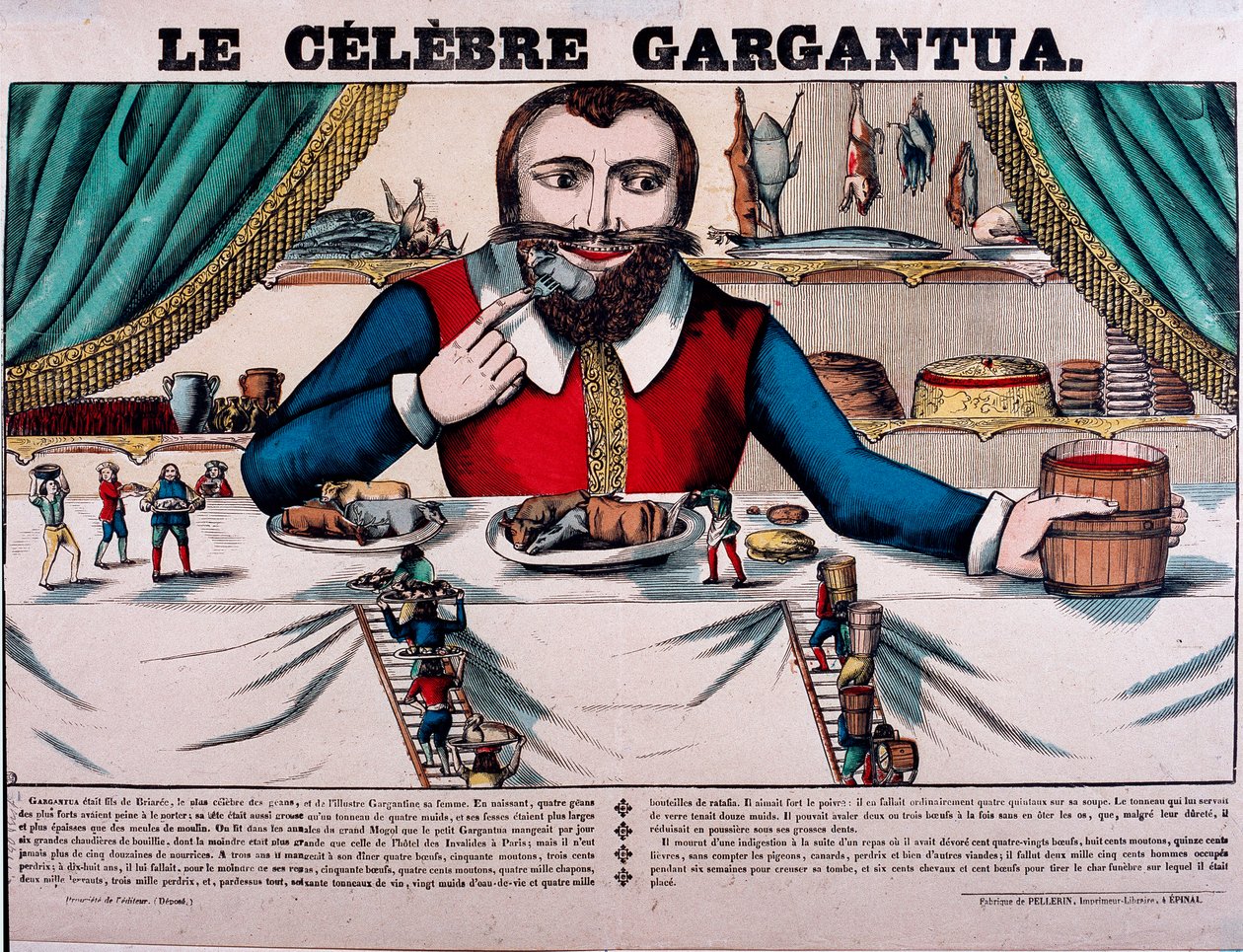 شخصية Gargantua الشهيرة في روايات فرانسوا رابليه (1494-1553) ، الكاتب الفرنسي. يحتوي Gargantua على مظلة كبيرة وفيه جميع أنواع الأطباق. تصوير إبينال من القرن التاسع عشر - بواسطة المدرسة الفرنسية